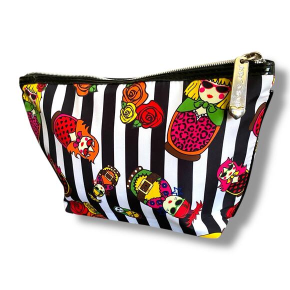 Betsy Johnson Cosmetic Pouch Bag Black Stripe Nesting Doll Print Medium Zip Top - Picture 4 of 12
